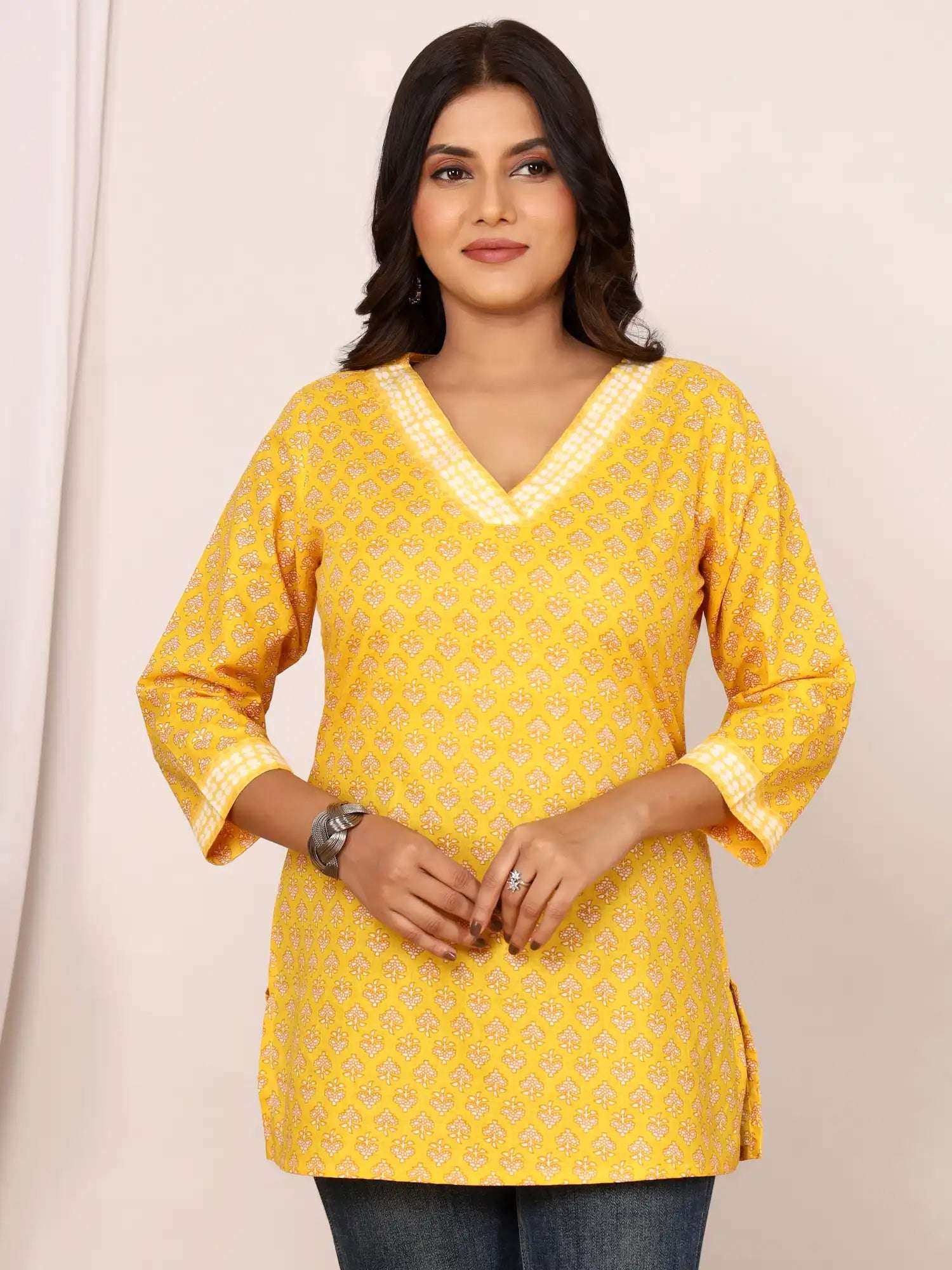 Sanganeri Yellow Flower Buti Print Cotton Top