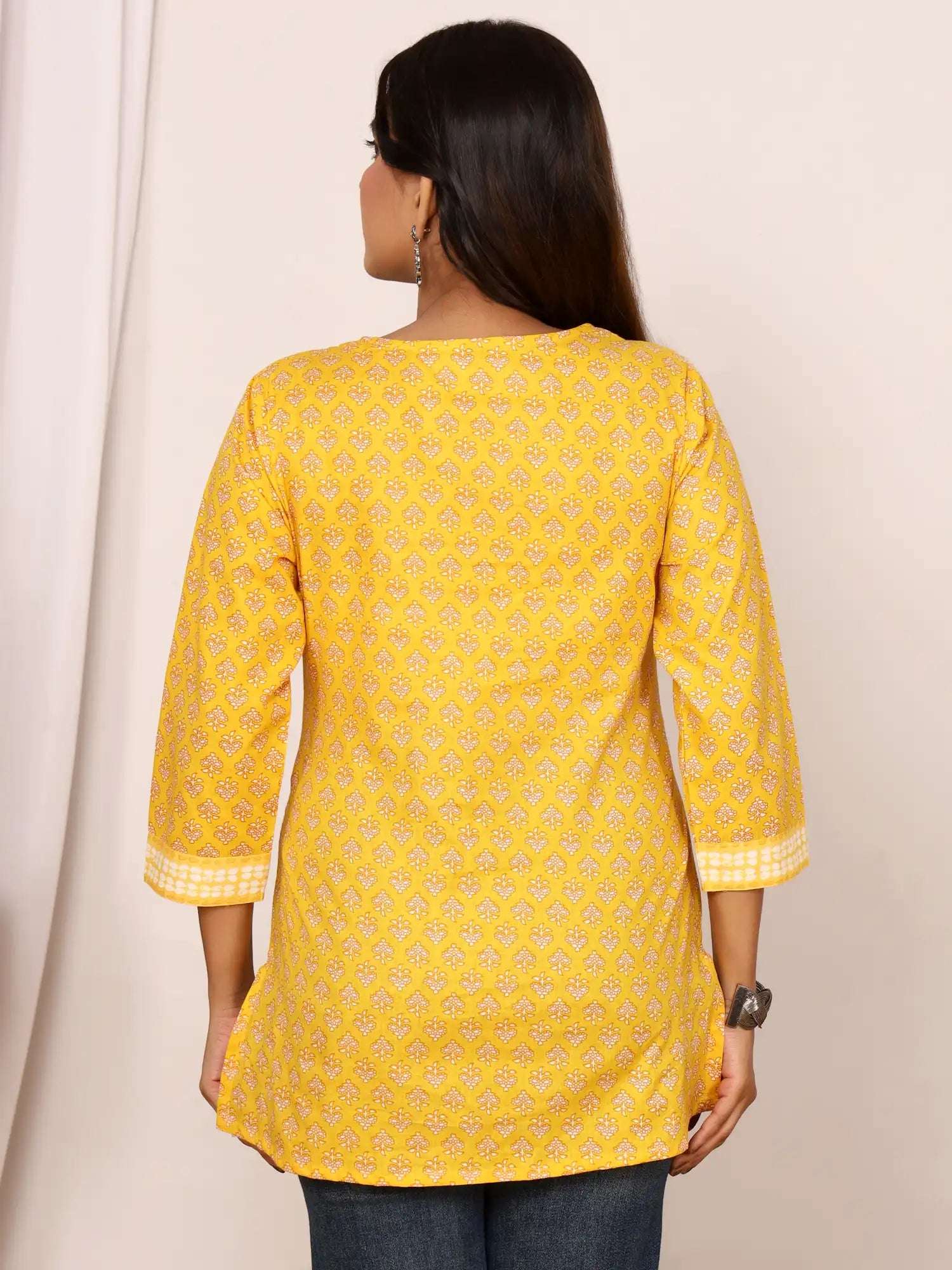 Sanganeri Yellow Flower Buti Print Cotton Top