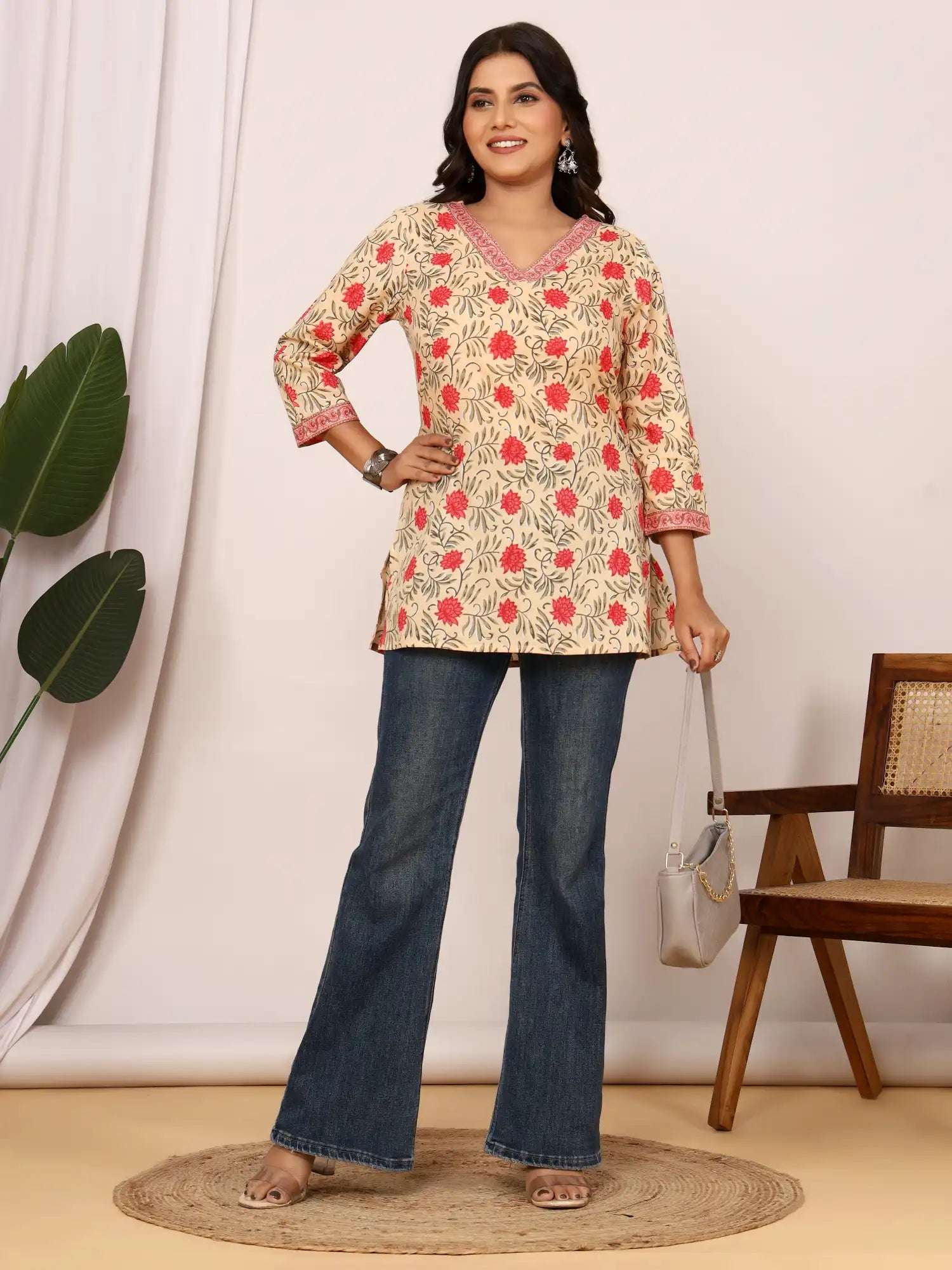 Sanganeri Beige & Red Floral Buti Print Cotton Top