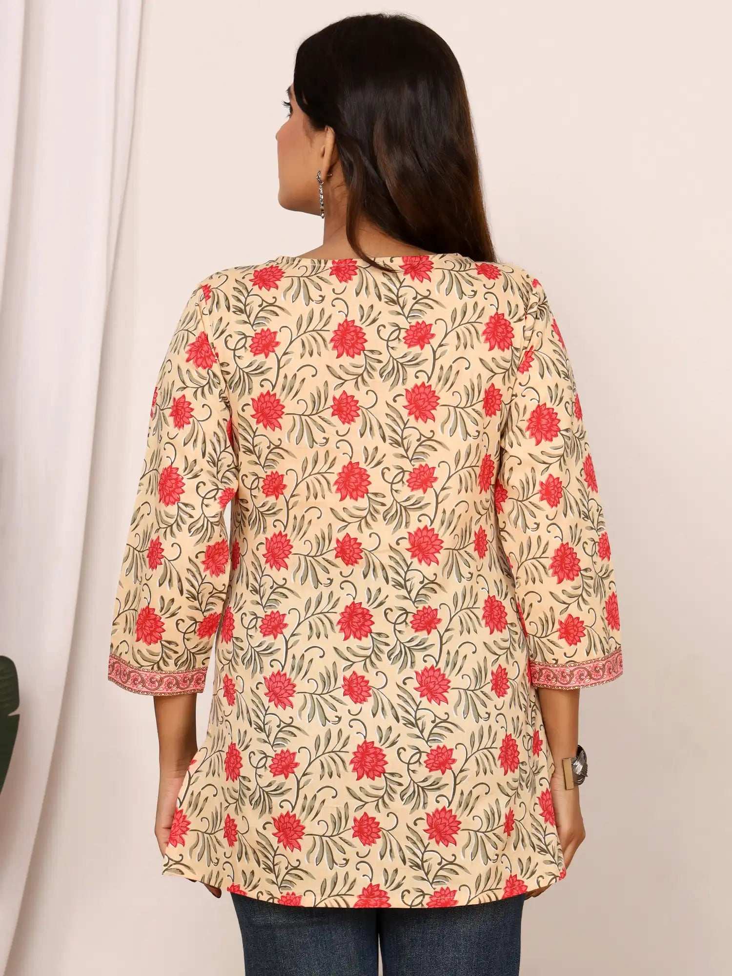 Sanganeri Beige & Red Floral Buti Print Cotton Top