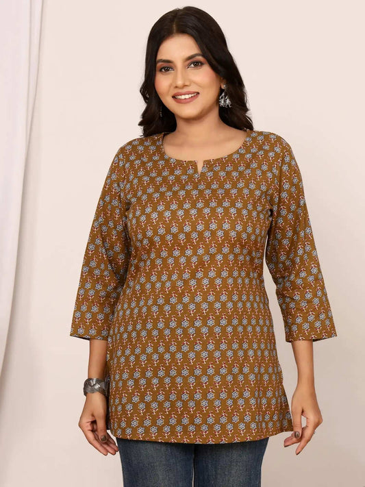 Sanganeri Olive Brown Floral Cotton Top
