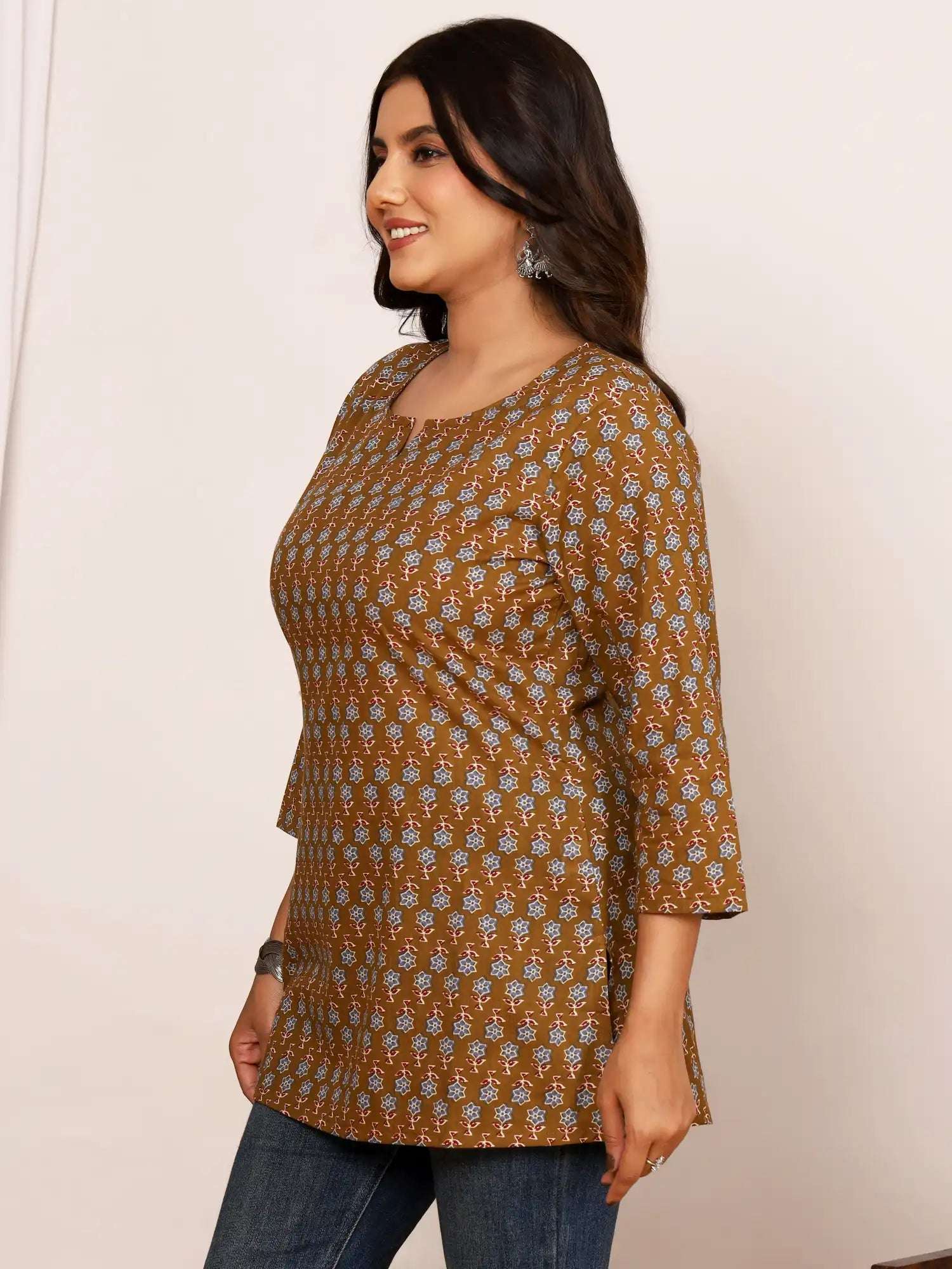 Sanganeri Olive Brown Floral Cotton Top