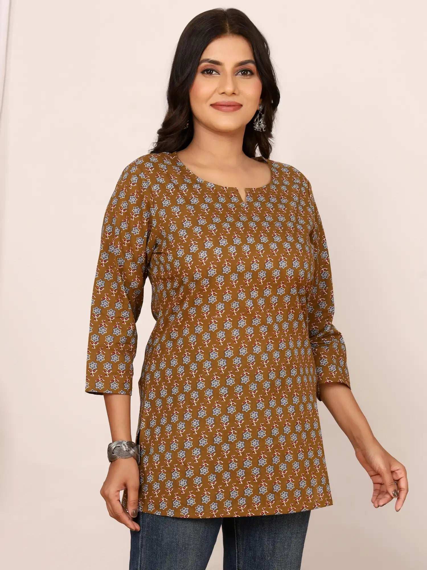 Sanganeri Olive Brown Floral Cotton Top