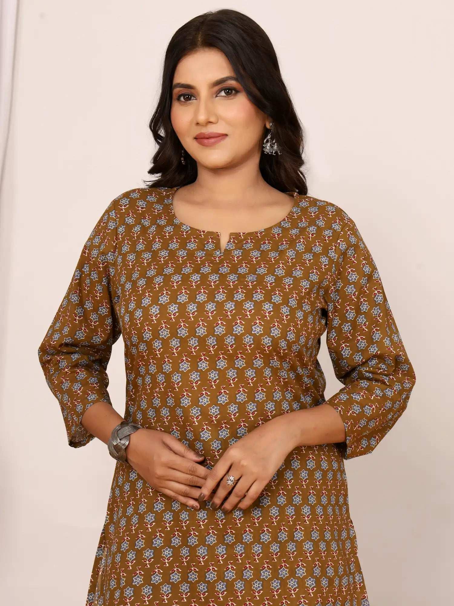 Sanganeri Olive Brown Floral Cotton Top