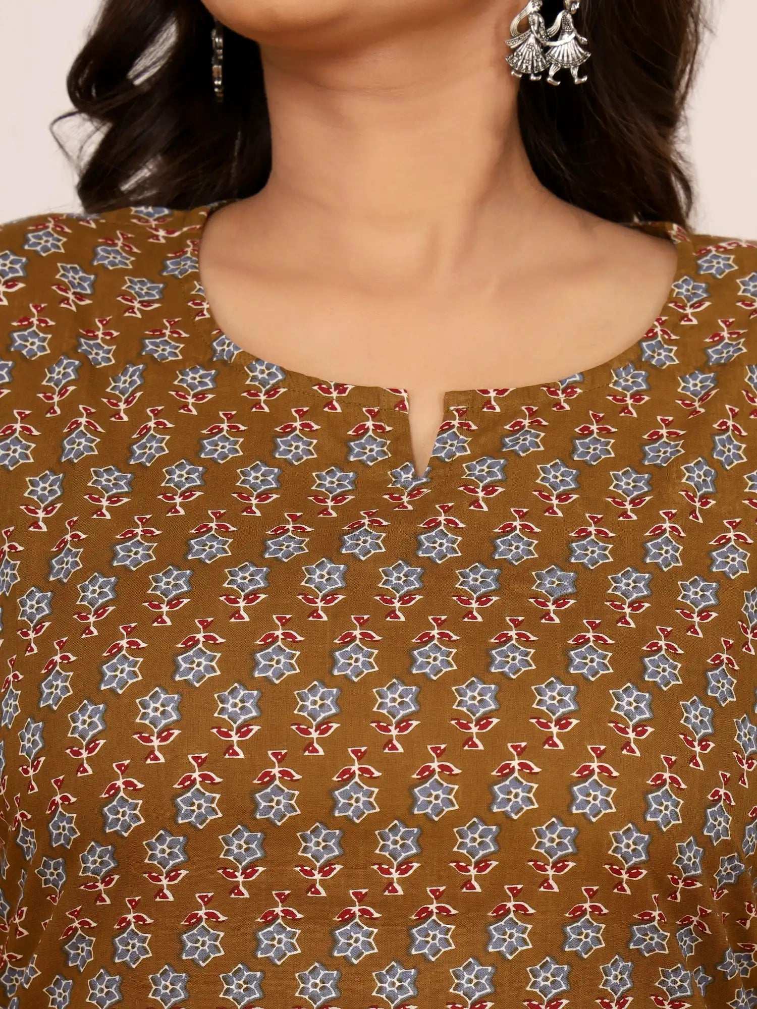 Sanganeri Olive Brown Floral Cotton Top