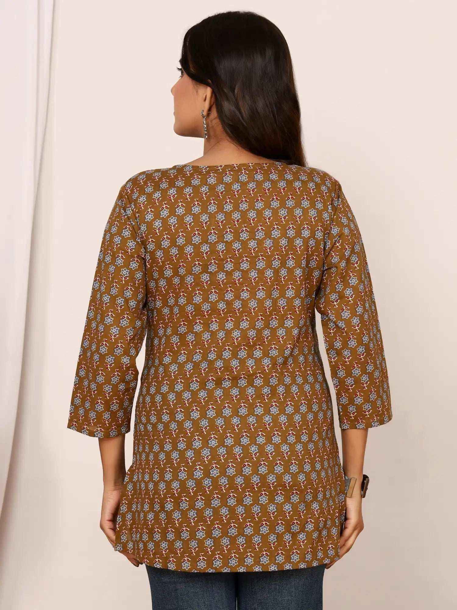 Sanganeri Olive Brown Floral Cotton Top