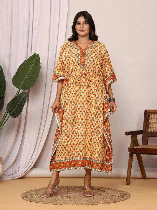 Sanganeri Print Yellow & Orange Flower Buti Cotton Kaftan