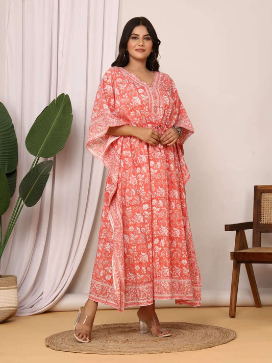 Sanganeri Floral Print Mustard Coral & White Cotton Kaftan