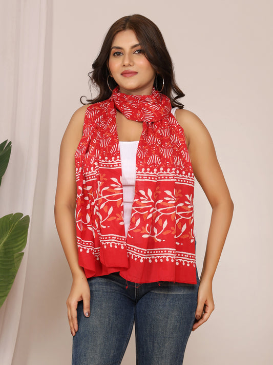 Women's Red Cotton Stole – White Floral & Tribal Shell Print