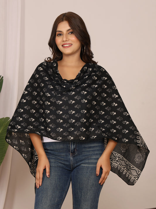 Black & White Handblock Discharge Print Pure Cotton Stole with Floral Boota Design