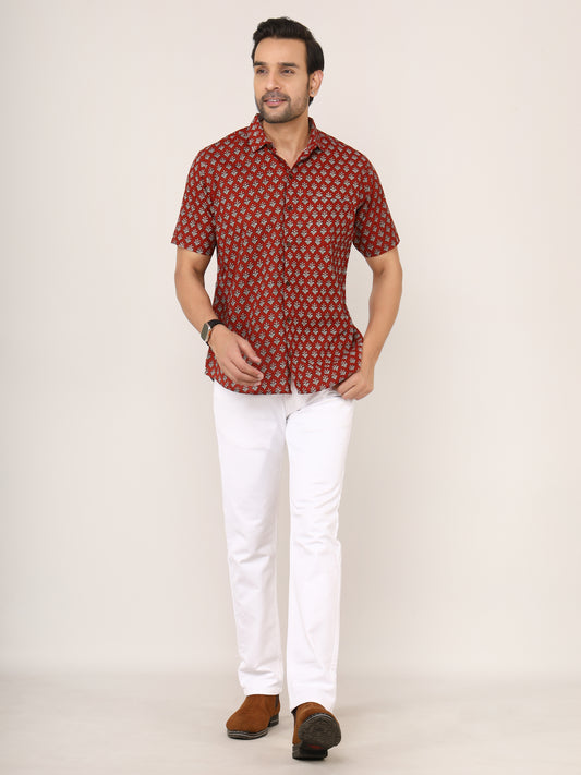 Sanganeri Cotton Buti Print Mehroon Shirt