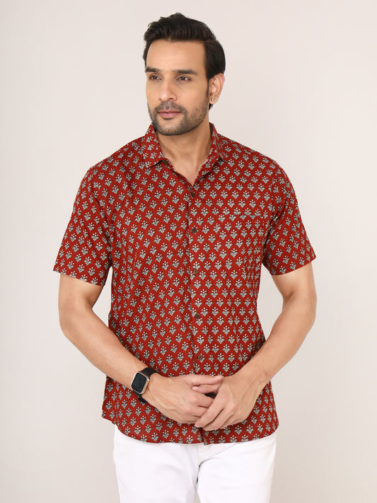 Sanganeri Cotton Buti Print Mehroon Shirt