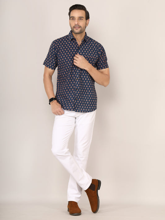 Sanganeri Cotton Buti Print Blue Shirt