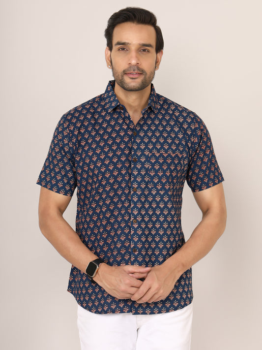 Sanganeri Cotton Buti Print Blue Shirt
