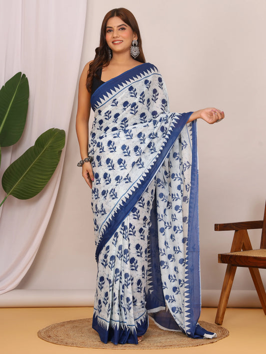 Pure Cotton White and Indigo Blue Saree with Elegant Floral Sanganeri Print