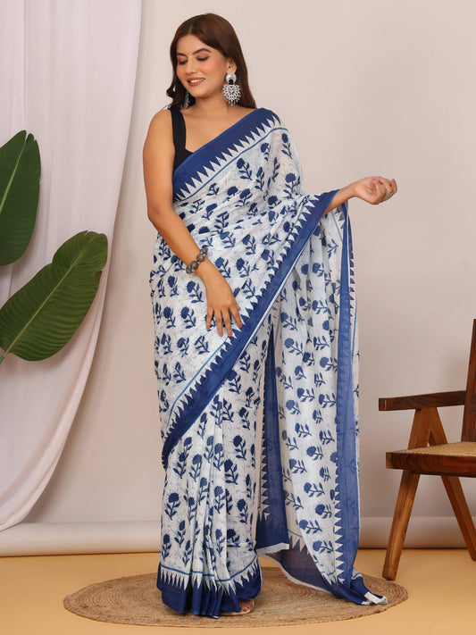 Pure Cotton White and Indigo Blue Saree with Elegant Floral Sanganeri Print