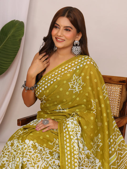 Pure Cotton Olive Green and White Saree with Traditional Floral Sanganeri Print