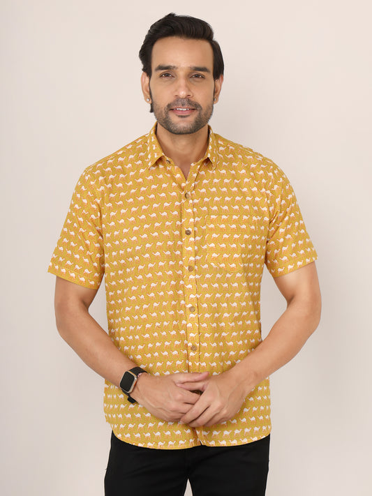Sanganeri Cotton Camel Print Yellow Shirt