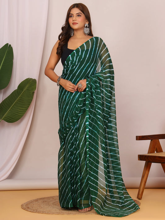 Bottle Green Nazmin Chiffon Saree with Hand-Tied Lehriya