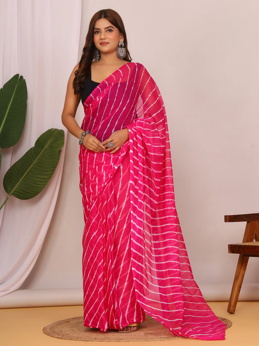 Dark Pink Nazmin Chiffon Saree with Hand-Tied Lehriya