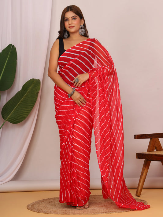 Red Nazmin Chiffon Saree with Hand-Tied Lehriya