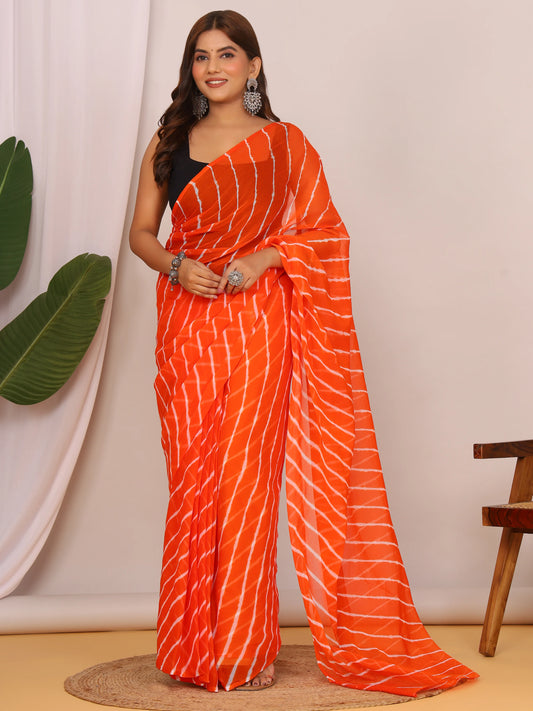 Bright Orange Nazmin Chiffon Saree with Hand-Tied Lehriya