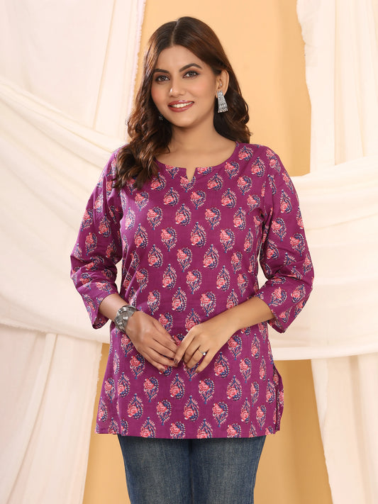 Sanganeri Purple Paisley Print Cotton Top