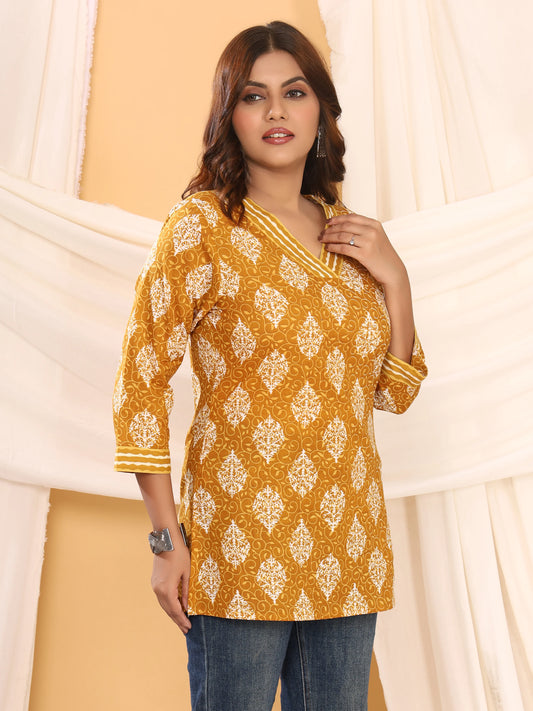 Sanganeri Mustard Yellow Floral Print Pure Cotton Top