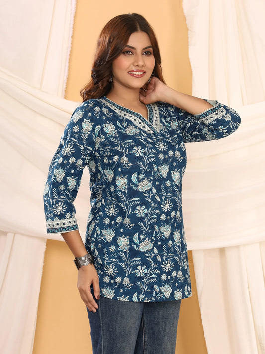 Sanganeri Blue Floral Print Pure Cotton Top