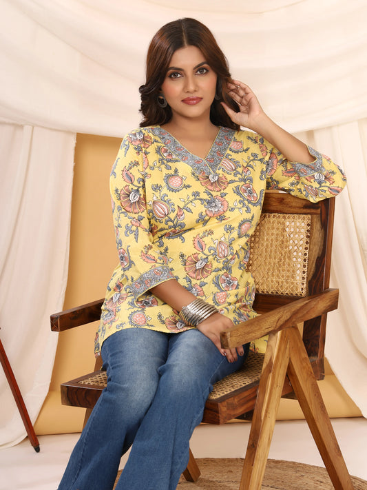 Sanganeri Yellow Pastel Floral Print Pure Cotton Top