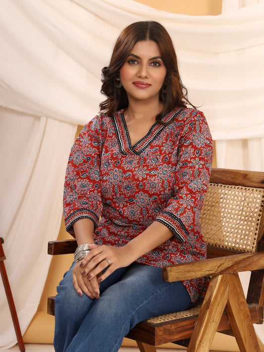 Ajrakh Red & Navy Geometric Print Pure Cotton Top