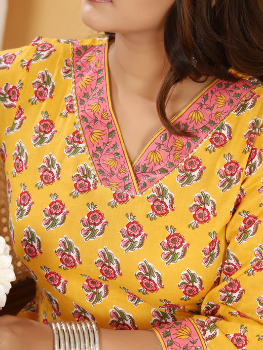 Sanganeri Rose Print Mustard Cotton Kurti