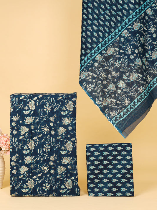 Women's Pure Cotton Sanganeri Print Unstitched Suit Set – Teal Blue Floral Buti Design