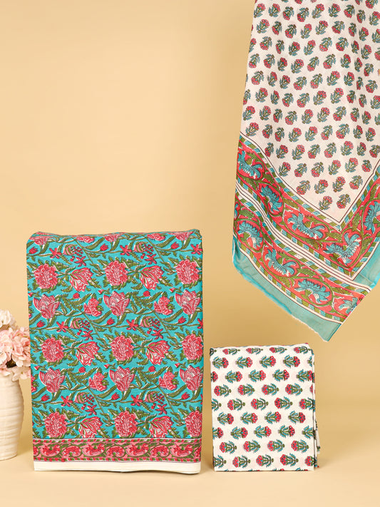 Women's Pure Cotton Sanganeri Print Unstitched Suit Set – Aqua Blue & Coral Floral Design