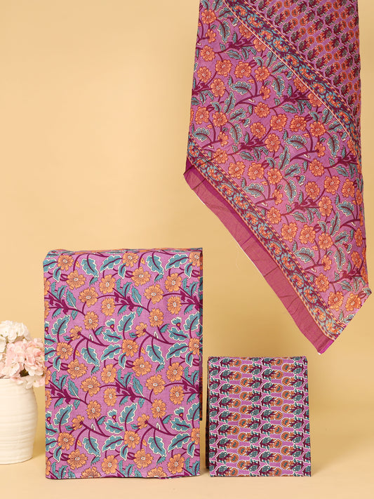 Women's Pure Cotton Sanganeri Print Unstitched Suit Set – Magenta Pink & Mustard Floral Design