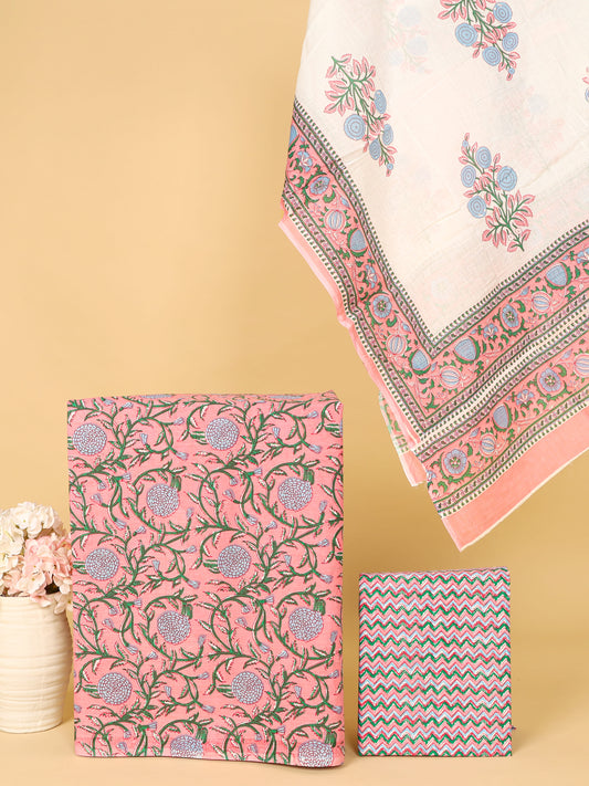 Women's Pure Cotton Sanganeri Print Unstitched Suit Set – Peach Pink & Pastel Floral Design
