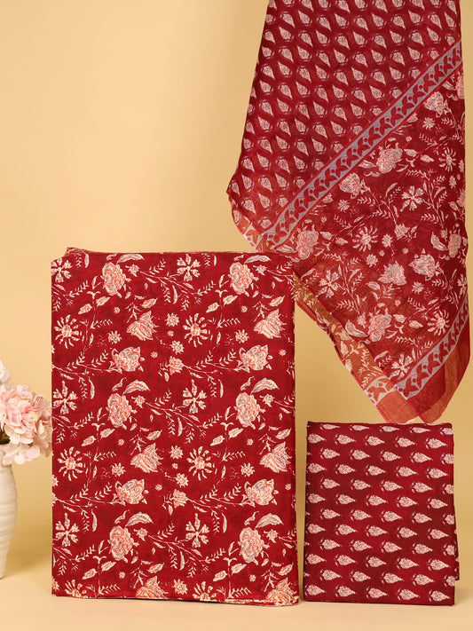 Women's Pure Cotton Sanganeri Print Unstitched Suit Set – Crimson Red & Ivory Floral Design