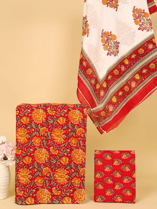 Women's Pure Cotton Sanganeri Print Unstitched Suit Set – Bright Red & Marigold Floral Design