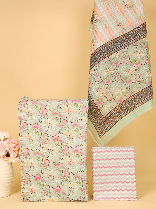 Women's Pure Cotton Sanganeri Print Unstitched Suit Set – Mint Green & Pastel Floral Design