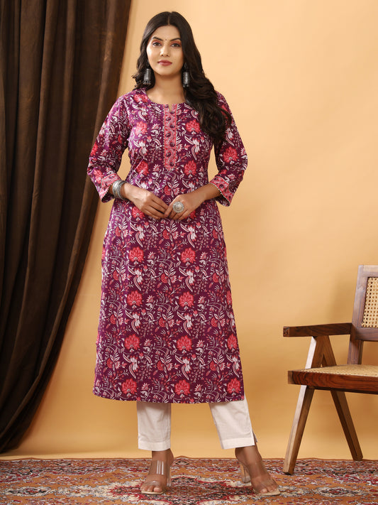 Sanganeri Floral Print Wine Cotton Kurti