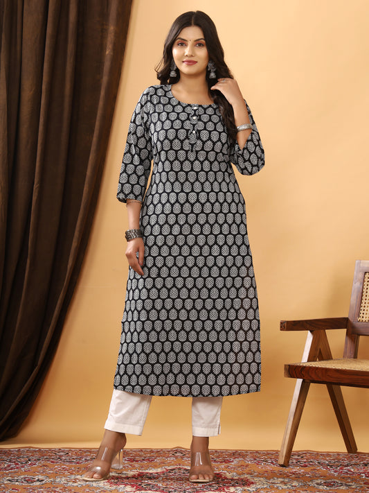Sanganeri Buti Print Black Cotton Kurti
