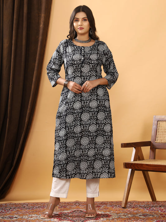 Sanganeri Floral Rangoli Print Black Cotton Kurti