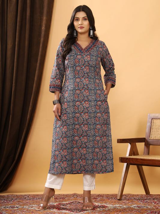 Sanganeri Azrakh Print Blue Cotton Kurti