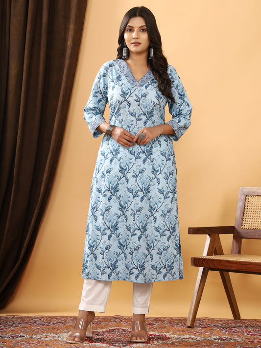 Sanganeri Floral Print Sky Blue Cotton Kurti