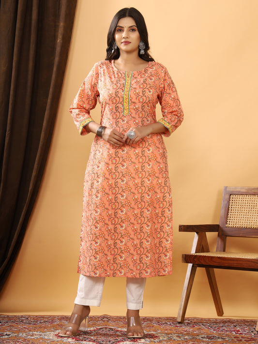 Sanganeri Floral Print Peach Cotton Kurti