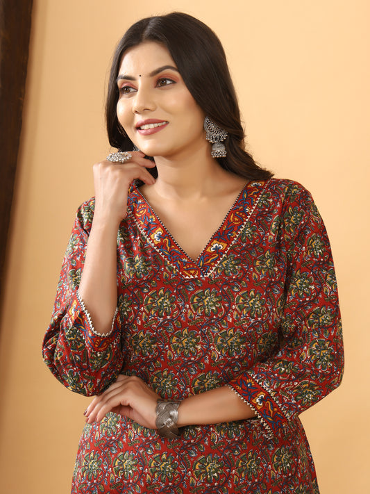 Sanganeri Azrakh Print Mehroon Cotton Kurti