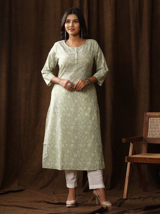 Sanganeri Floral Print Pale Cotton Kurti