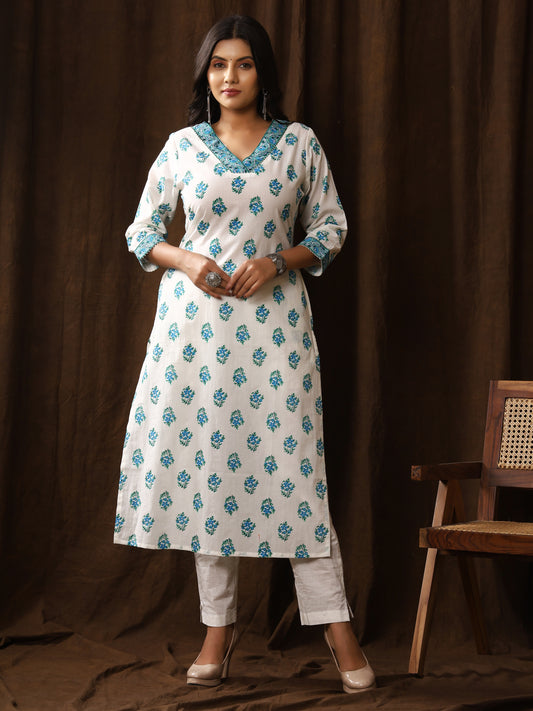 Sanganeri Buti Print White Cyan Cotton Kurti