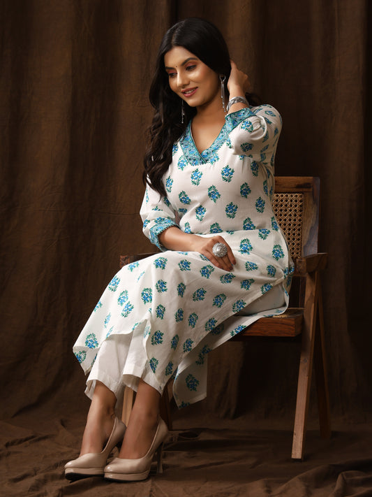 Sanganeri Buti Print White Cyan Cotton Kurti