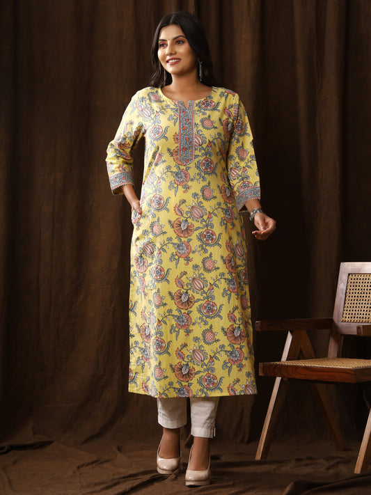 Sanganeri Floral Print Yellow Cotton Kurti
